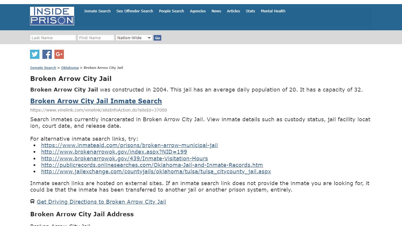 Broken Arrow City Jail - Oklahoma - Inmate Search - Inside Prison